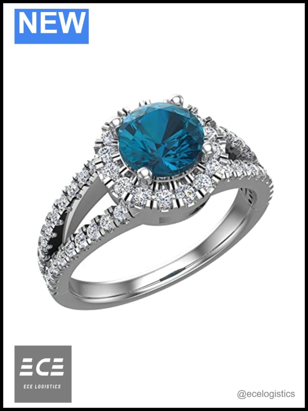 Blue Topaz Diamond Halo Engagement Ring Split Shank Sterling Silver